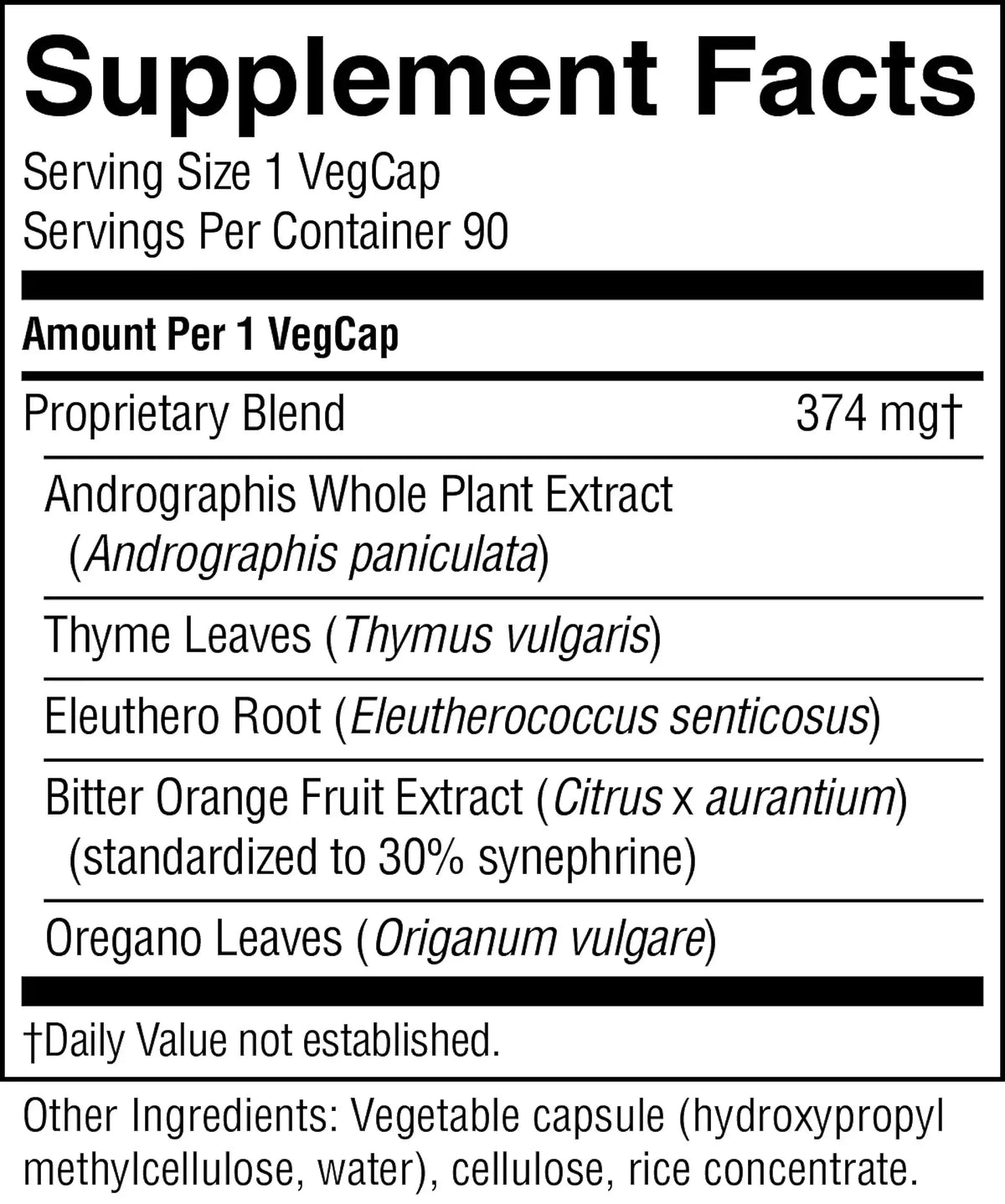 A close-up of a supplement facts label for VegCap, showing the serving size, servings per container, and a list of ingredients including Andrographis whole plant extract, thyme leaves, eleuthero root, bitter orange fruit extract, and oregano leaves.