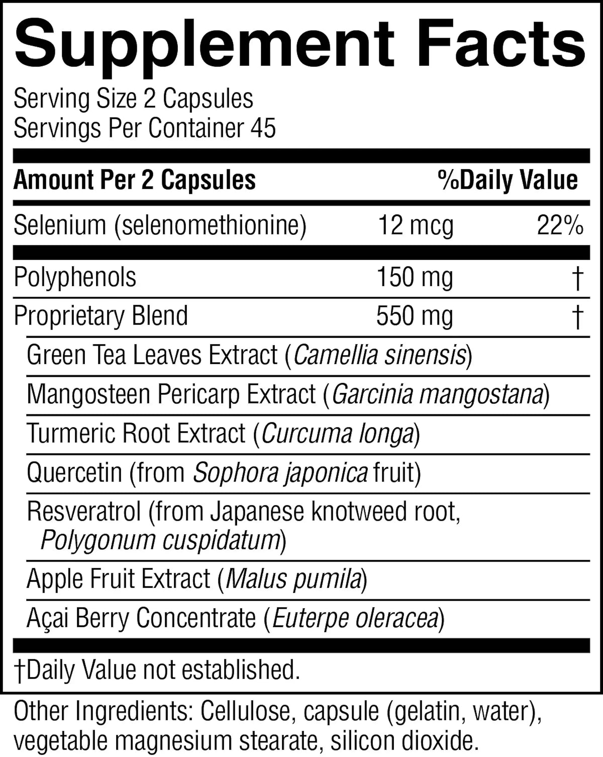 A black-and-white Supplement Facts label showing a supplement's nutrition information, including Selenium, Polyphenols, and a proprietary blend, with ingredient lists below.