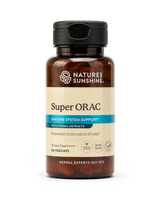 A bottle of Nature's Sunshine Super ORAC dietary supplement with amber glass, a black cap, and a beige label with blue accents, shown on a white background.