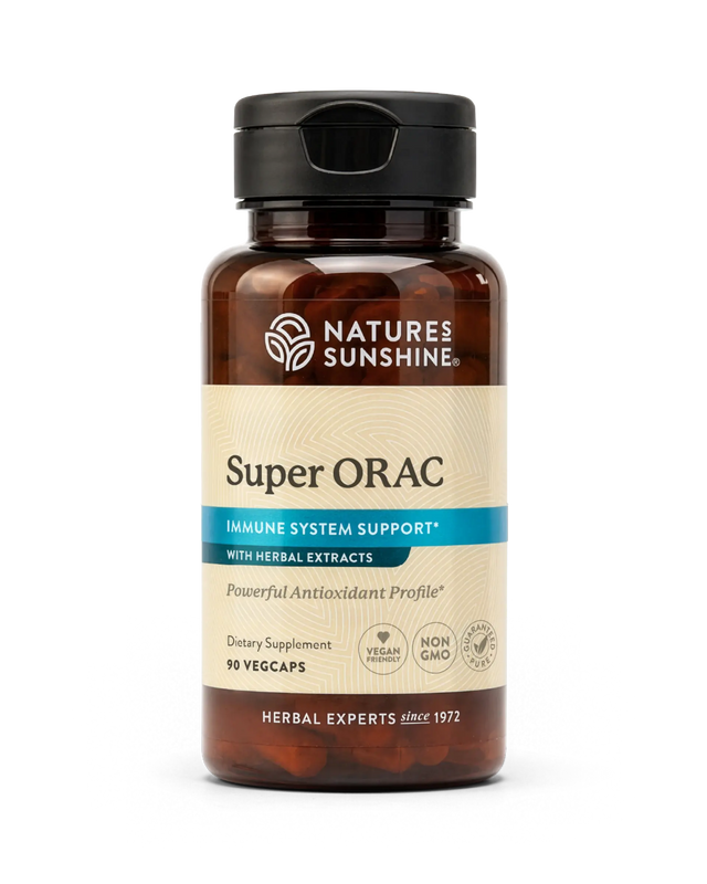 A bottle of Nature's Sunshine Super ORAC dietary supplement with amber glass, a black cap, and a beige label with blue accents, shown on a white background.