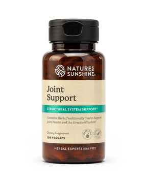 Nature's Sunshine Joint Support dietary supplement bottle with amber brown plastic and a black flip-top cap, shown on a clean white background.