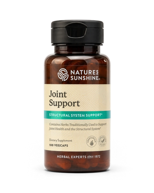 Nature's Sunshine Joint Support dietary supplement bottle with amber brown plastic and a black flip-top cap, shown on a clean white background.