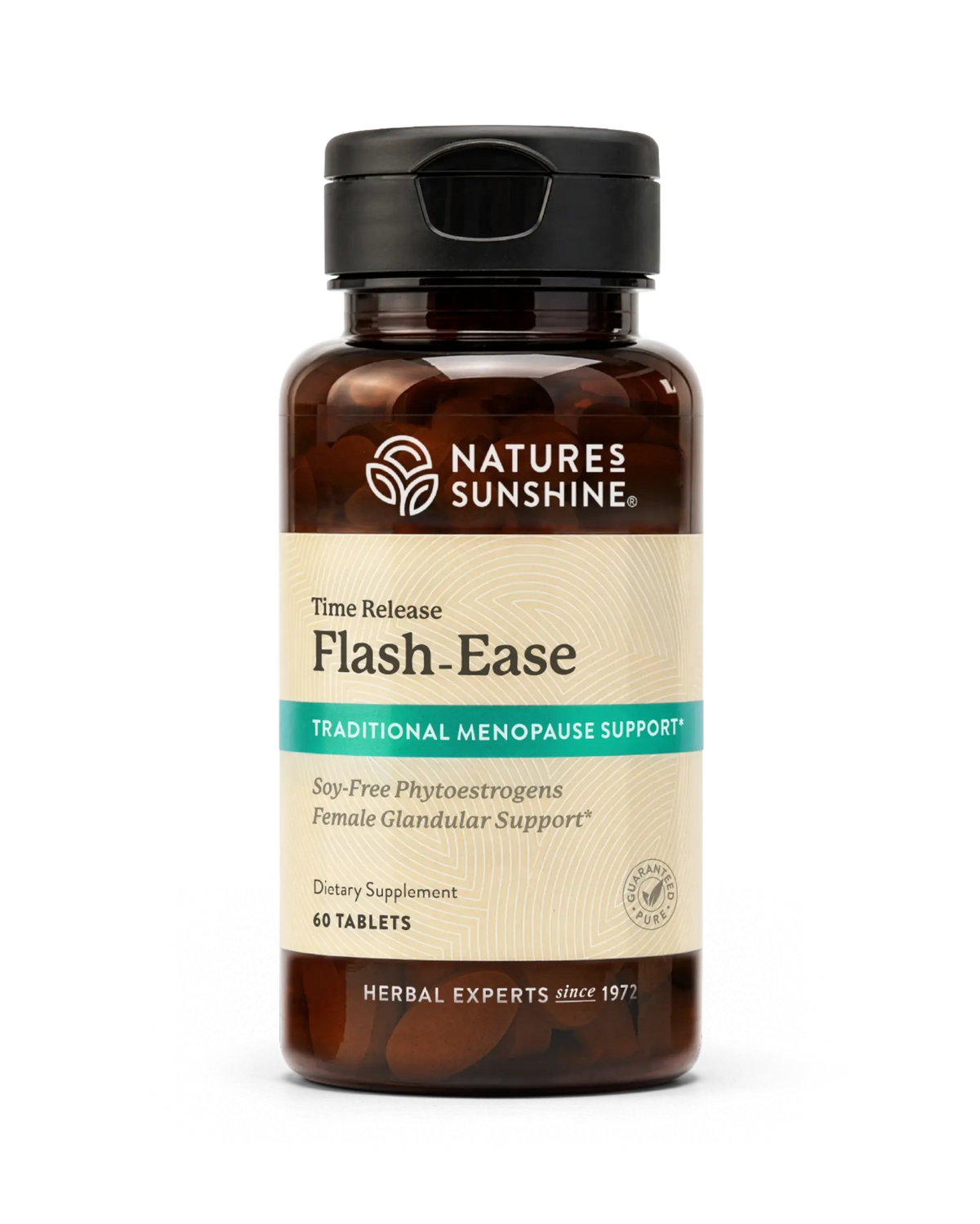 Nature's Sunshine Flash-Ease Time Release Traditional Menopause Support dietary supplement bottle with amber brown plastic and a black cap, containing 60 tablets.