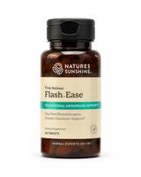 Nature's Sunshine Flash-Ease Time Release Traditional Menopause Support dietary supplement bottle with amber brown plastic and a black cap, containing 60 tablets.