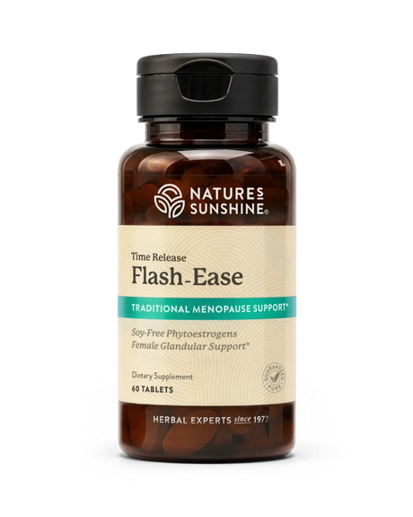 Nature's Sunshine Flash-Ease Time Release Traditional Menopause Support dietary supplement bottle with amber brown plastic and a black cap, containing 60 tablets.