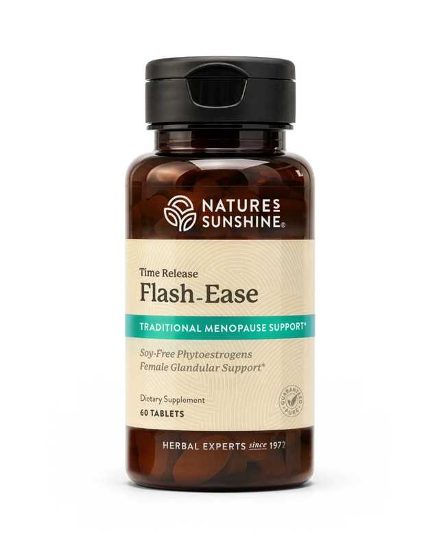 Nature's Sunshine Flash-Ease Time Release Traditional Menopause Support dietary supplement bottle with amber brown plastic and a black cap, containing 60 tablets.
