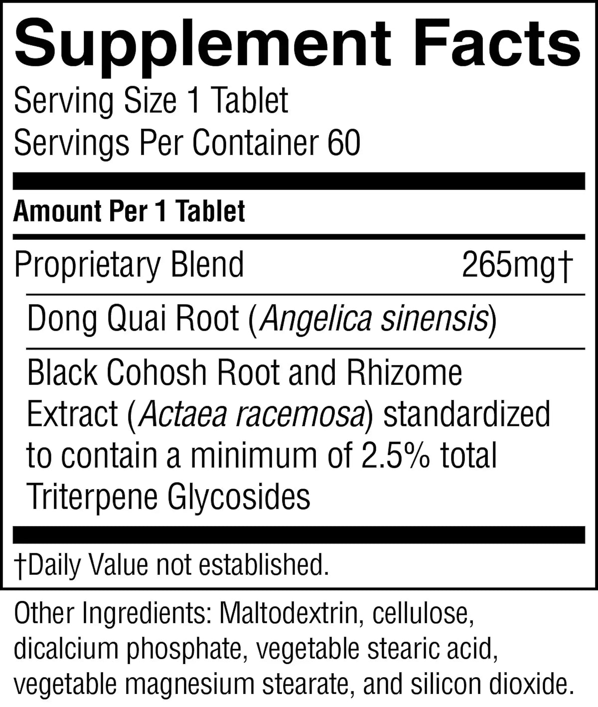 Supplement facts label for a proprietary blend with Dong Quai Root and Black Cohosh Root and Rhizome Extract.