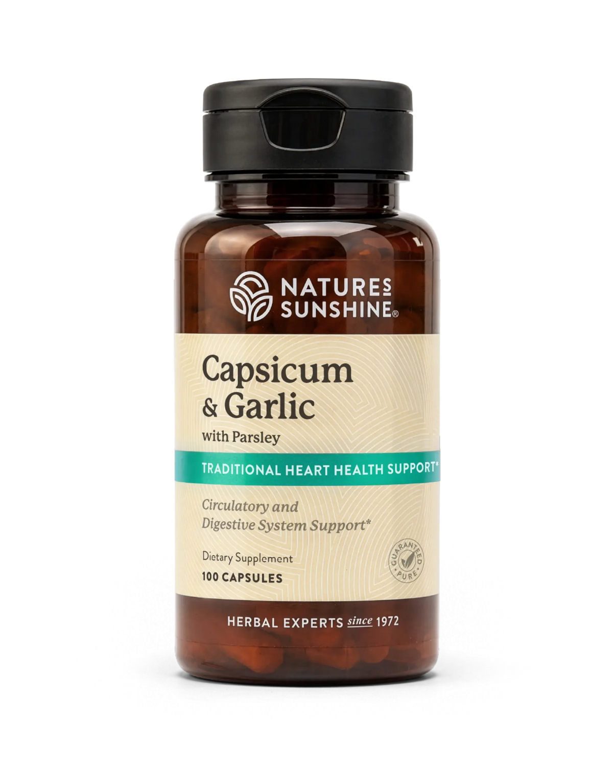 A bottle of Natures Sunshine Capsicum & Garlic dietary supplement with parsley, containing 100 capsules, on a clean white background.