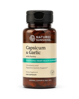 A bottle of Natures Sunshine Capsicum & Garlic dietary supplement with parsley, containing 100 capsules, on a clean white background.