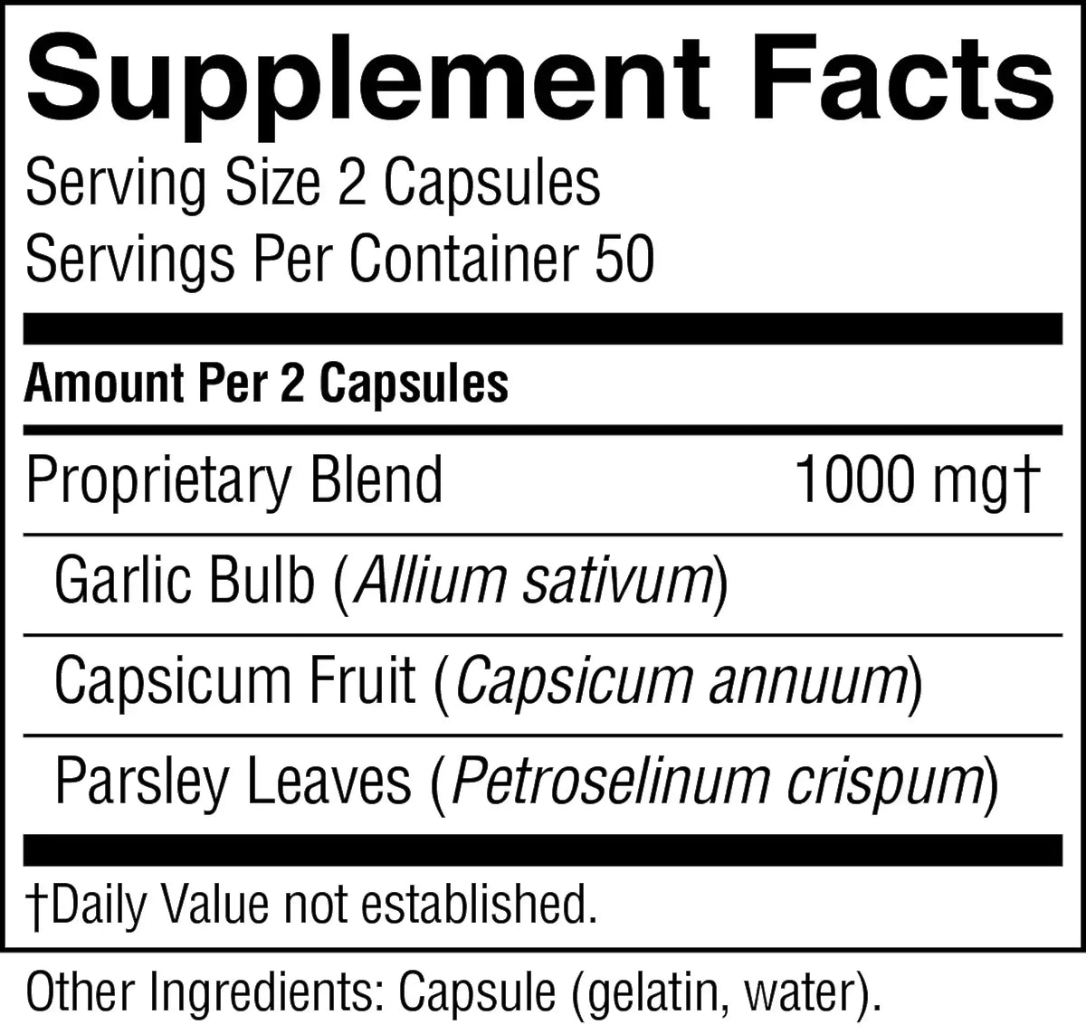 A Supplement Facts label showing a proprietary blend of 1000 mg, with listed ingredients including garlic bulb, capsicum fruit, and parsley leaves, plus serving size and servings per container information.