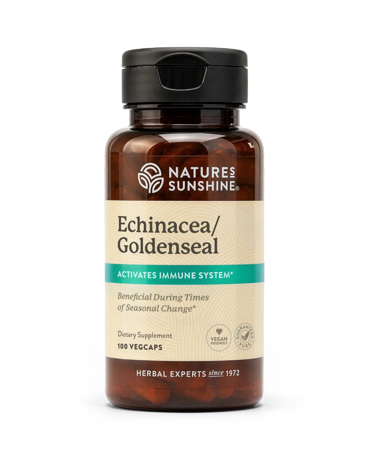 A bottle of Nature's Sunshine Echinacea/Goldenseal dietary supplement, containing 100 vegcaps, on a clean white background.