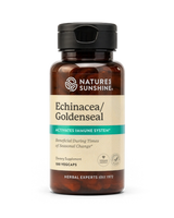 A bottle of Nature's Sunshine Echinacea/Goldenseal dietary supplement, containing 100 vegcaps, on a clean white background.