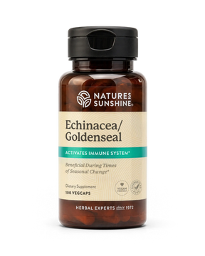 A bottle of Nature's Sunshine Echinacea/Goldenseal dietary supplement, containing 100 vegcaps, on a clean white background.