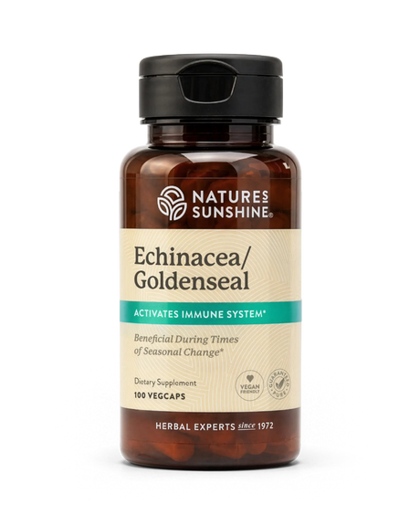 A bottle of Nature's Sunshine Echinacea/Goldenseal dietary supplement, containing 100 vegcaps, on a clean white background.