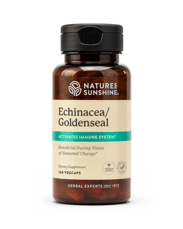 A bottle of Nature's Sunshine Echinacea/Goldenseal dietary supplement, containing 100 vegcaps, on a clean white background.