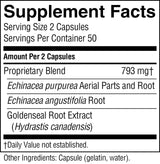 A black-and-white Supplement Facts label showing serving size 2 capsules, 50 servings per container, and ingredients including Proprietary Blend, Echinacea purpurea aerial parts and root, Echinacea angustifolia root, and Goldenseal root extract.