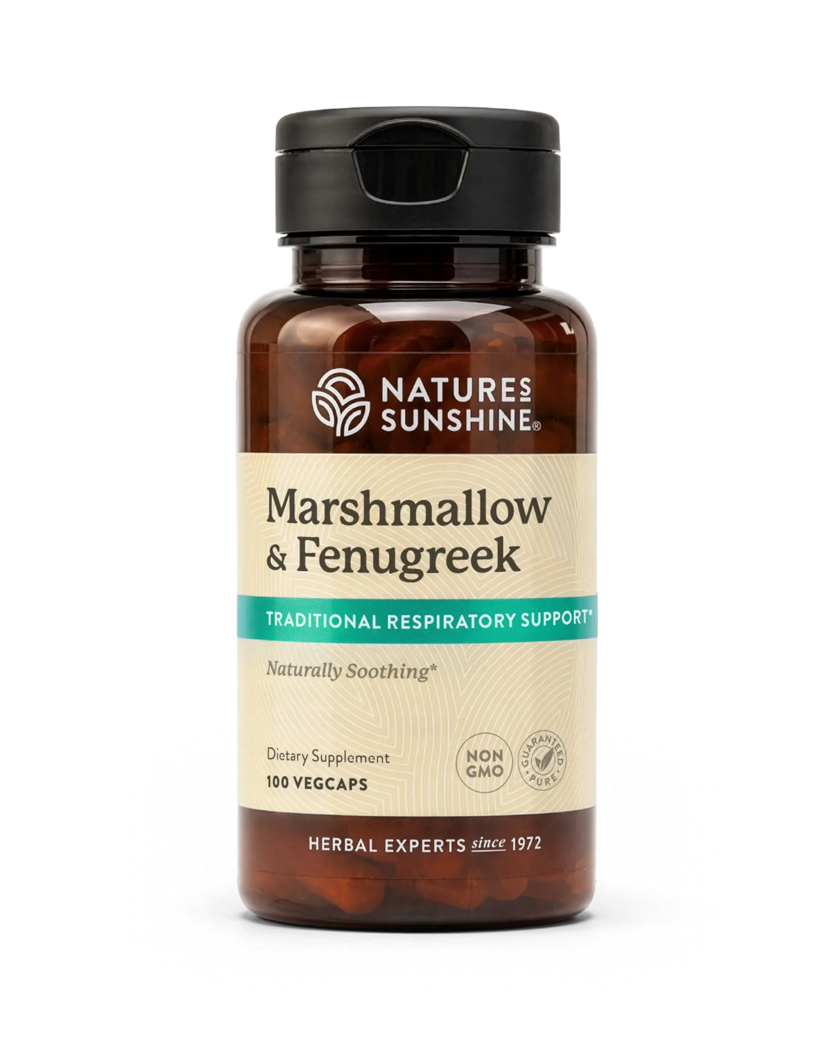 A bottle of Nature's Sunshine Marshmallow & Fenugreek dietary supplement, containing 100 vegcaps, shown on a clean white background.