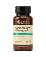 A bottle of Nature's Sunshine Marshmallow & Fenugreek dietary supplement, containing 100 vegcaps, shown on a clean white background.