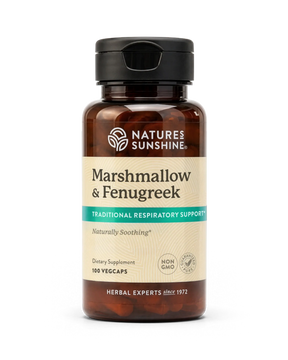 A bottle of Nature's Sunshine Marshmallow & Fenugreek dietary supplement, containing 100 vegcaps, shown on a clean white background.
