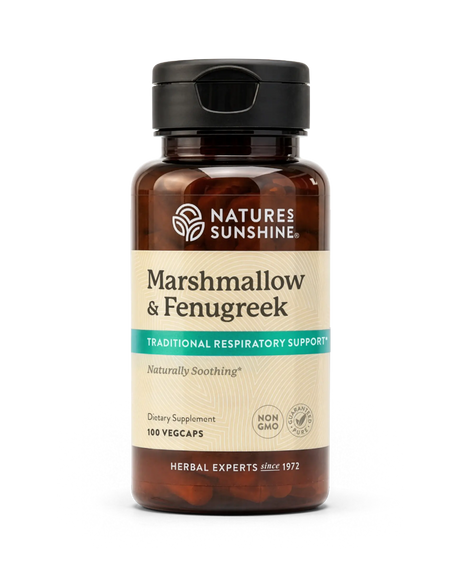 A bottle of Nature's Sunshine Marshmallow & Fenugreek dietary supplement, containing 100 vegcaps, shown on a clean white background.
