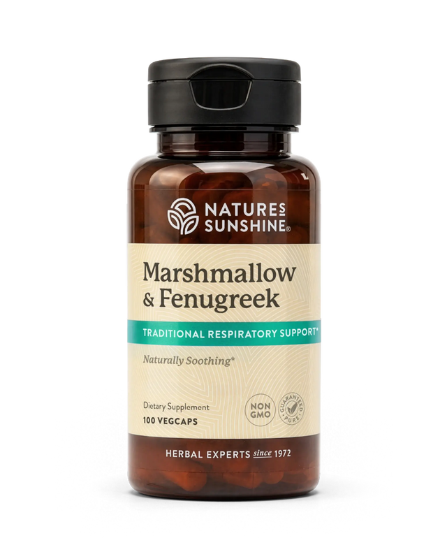 A bottle of Nature's Sunshine Marshmallow & Fenugreek dietary supplement, containing 100 vegcaps, shown on a clean white background.