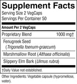 A black and white Supplement Facts label showing the ingredients of a VegCaps product, including Fenugreek Seed, Marshmallow Root, and Slippery Elm Bark.