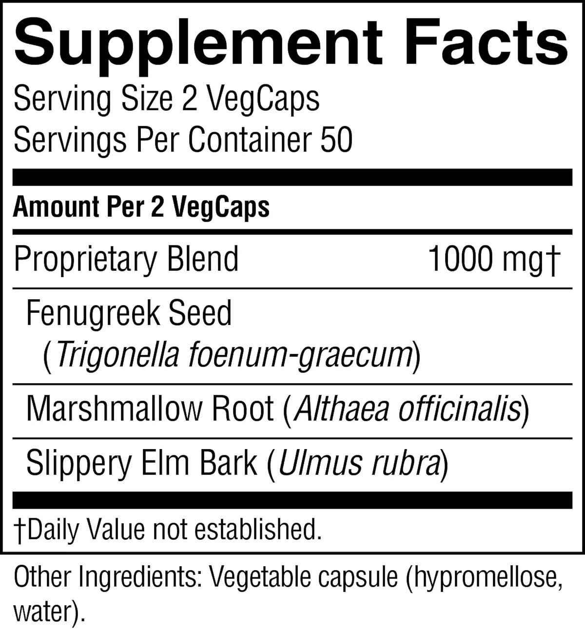 A black and white Supplement Facts label showing the ingredients of a VegCaps product, including Fenugreek Seed, Marshmallow Root, and Slippery Elm Bark.