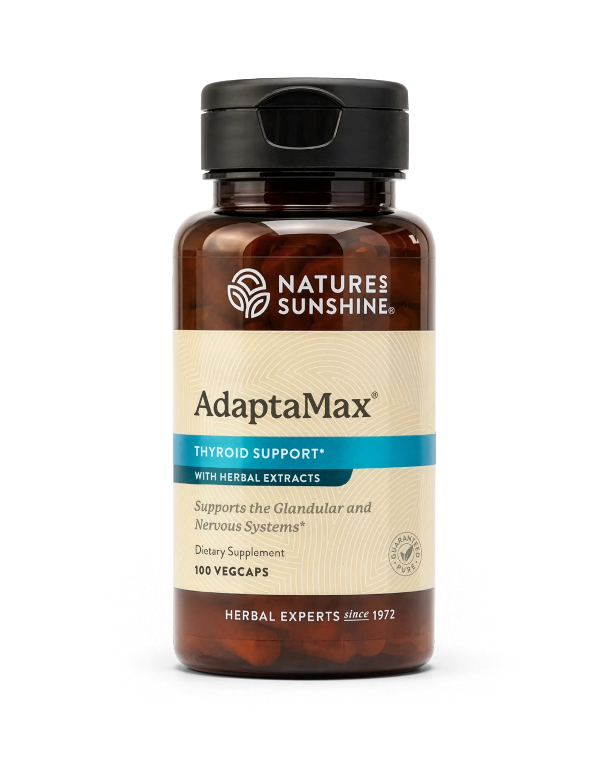 A bottle of Nature's Sunshine AdaptaMax Thyroid Support dietary supplement, containing 100 vegcaps, shown on a clean white background.