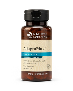 A bottle of Nature's Sunshine AdaptaMax Thyroid Support dietary supplement, containing 100 vegcaps, shown on a clean white background.