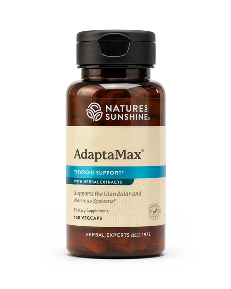 A bottle of Nature's Sunshine AdaptaMax Thyroid Support dietary supplement, containing 100 vegcaps, shown on a clean white background.