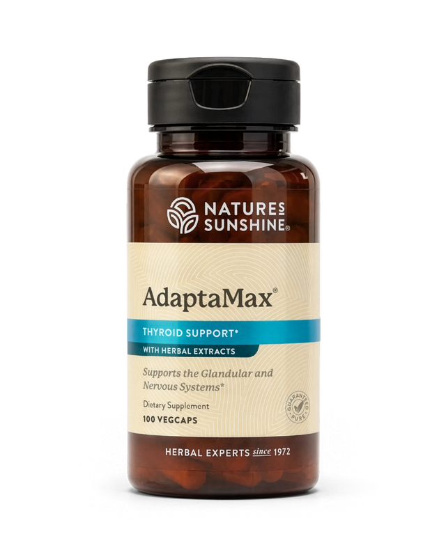 A bottle of Nature's Sunshine AdaptaMax Thyroid Support dietary supplement, containing 100 vegcaps, shown on a clean white background.