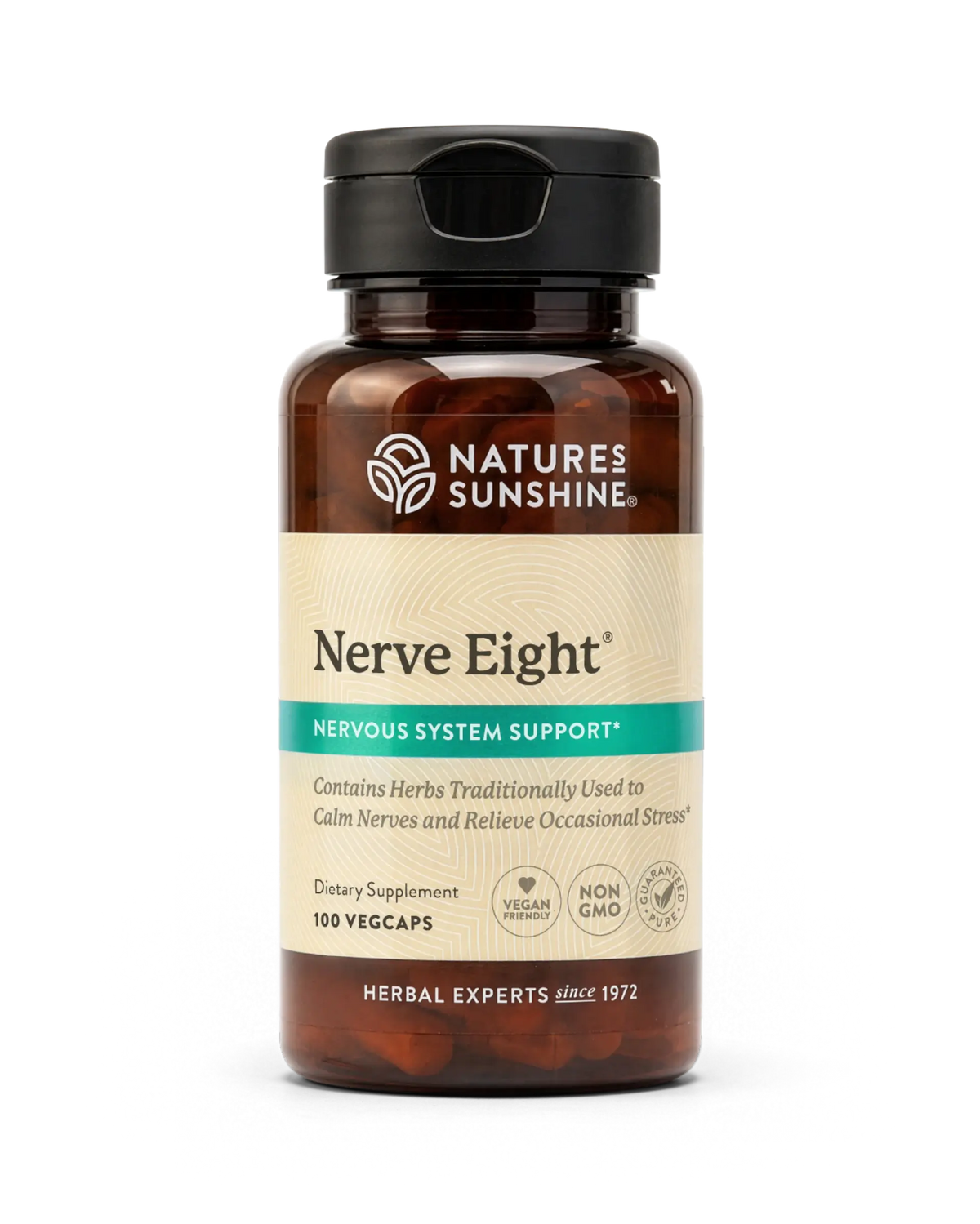 A bottle of Natures Sunshine Nerve Eight dietary supplement with amber brown plastic, a black cap, and a beige label with a teal banner, shown on a white background.