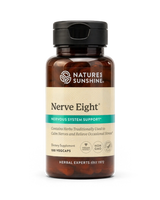 A bottle of Natures Sunshine Nerve Eight dietary supplement with amber brown plastic, a black cap, and a beige label with a teal banner, shown on a white background.
