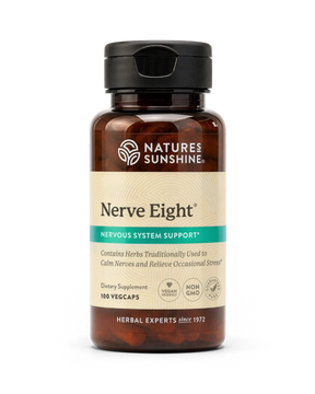 A bottle of Natures Sunshine Nerve Eight dietary supplement with amber brown plastic, a black cap, and a beige label with a teal banner, shown on a white background.