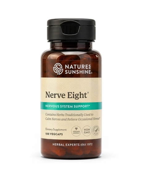 A bottle of Natures Sunshine Nerve Eight dietary supplement with amber brown plastic, a black cap, and a beige label with a teal banner, shown on a white background.