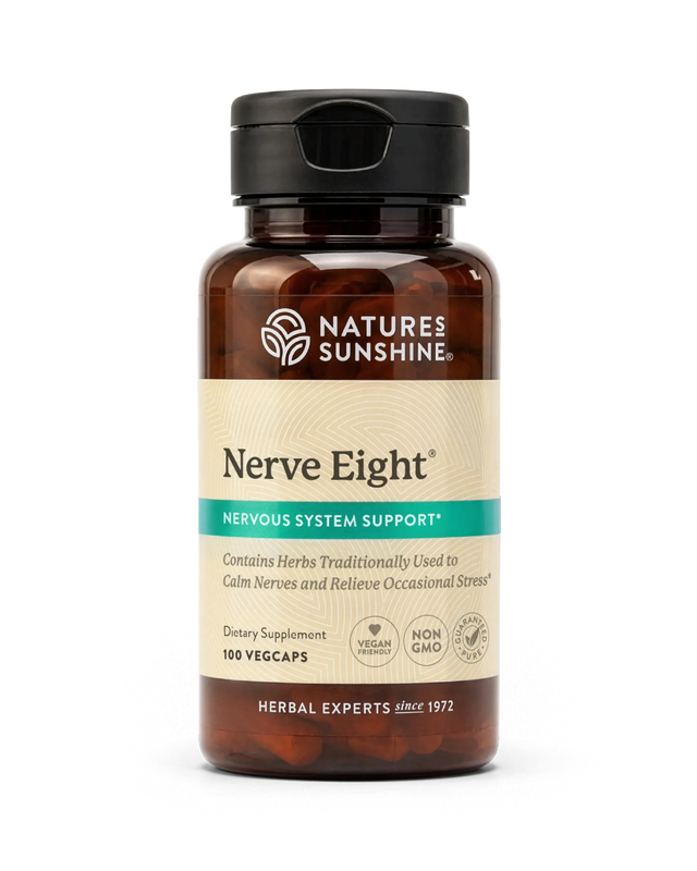 A bottle of Natures Sunshine Nerve Eight dietary supplement with amber brown plastic, a black cap, and a beige label with a teal banner, shown on a white background.