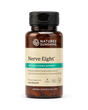 A bottle of Natures Sunshine Nerve Eight dietary supplement with amber brown plastic, a black cap, and a beige label with a teal banner, shown on a white background.