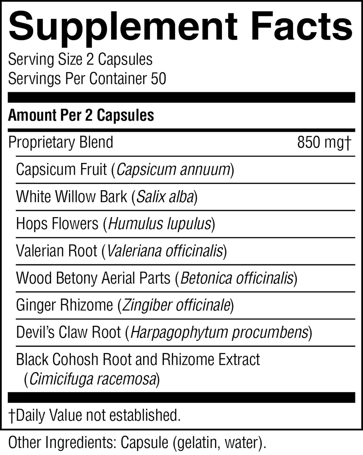 A black and white Supplement Facts label showing the ingredients list for a proprietary blend, including Capsicum Fruit, White Willow Bark, Hops Flowers, Valerian Root, Wood Betony Aerial Parts, Ginger Rhizome, Devil's Claw Root, and Black Cohosh Root and Rhizome Extract.