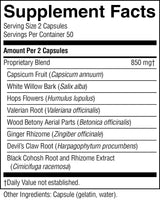 A black and white Supplement Facts label showing the ingredients list for a proprietary blend, including Capsicum Fruit, White Willow Bark, Hops Flowers, Valerian Root, Wood Betony Aerial Parts, Ginger Rhizome, Devil's Claw Root, and Black Cohosh Root and Rhizome Extract.