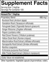 A close-up of a supplement facts label for VegCap, showing the 'Supplement Facts' panel with ingredients listed under 'Proprietary Blend' and 'Other Ingredients' on a white background.