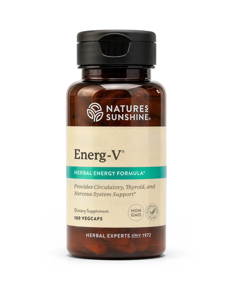 A bottle of Nature's Sunshine Energ-V Herbal Energy Formula dietary supplement, containing 100 vegcaps, shown on a clean white background.