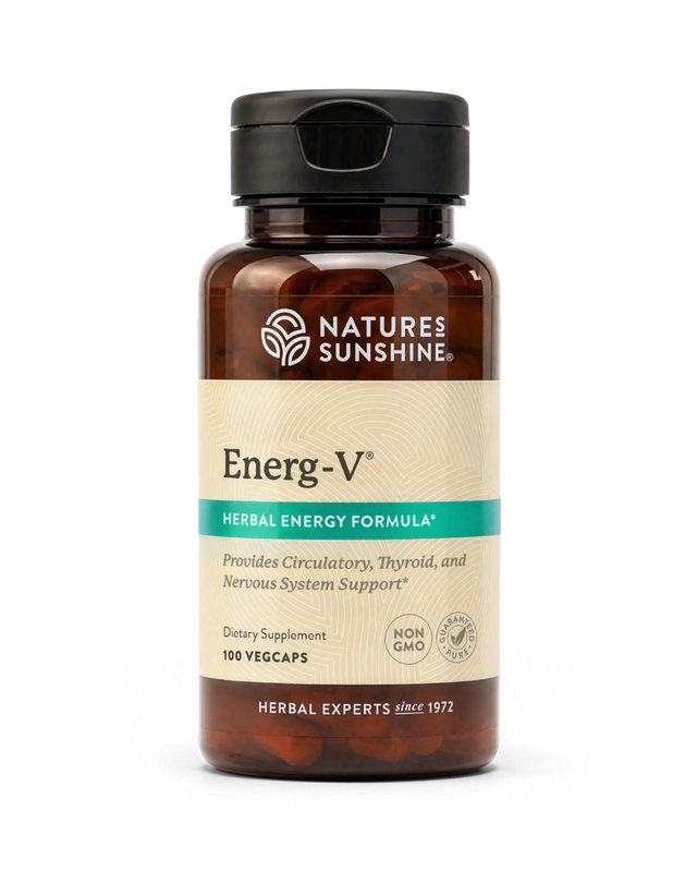 A bottle of Nature's Sunshine Energ-V Herbal Energy Formula dietary supplement, containing 100 vegcaps, shown on a clean white background.