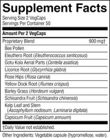 A Supplement Facts label showing a list of herbal supplement ingredients per VegCaps, including Bee Pollen, Eleuthero Root, Gotu Kola, Licorice Root, Rose Hips, Yellow Dock Root, Barley Grass, Schisandra Fruit, Kelp Leaf and Stem, and Capsicum Fruit.