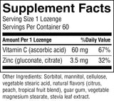 A Supplement Facts label showing serving size 1 lozenge, with vitamin C and zinc amounts and a list of other ingredients on a black background.