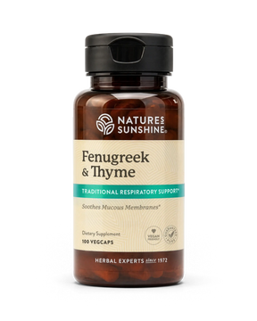 A bottle of Nature's Sunshine Fenugreek & Thyme dietary supplement, containing 100 vegcaps, shown on a clean white background.
