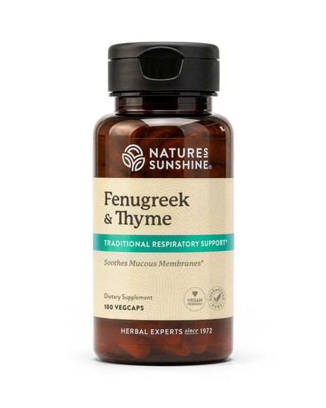 A bottle of Nature's Sunshine Fenugreek & Thyme dietary supplement, containing 100 vegcaps, shown on a clean white background.