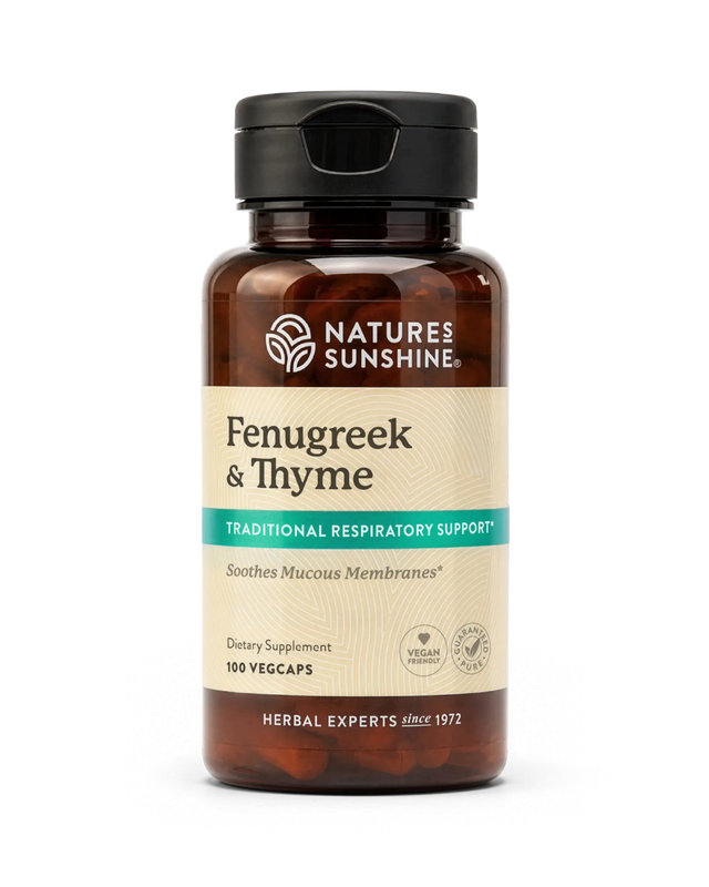 A bottle of Nature's Sunshine Fenugreek & Thyme dietary supplement, containing 100 vegcaps, shown on a clean white background.