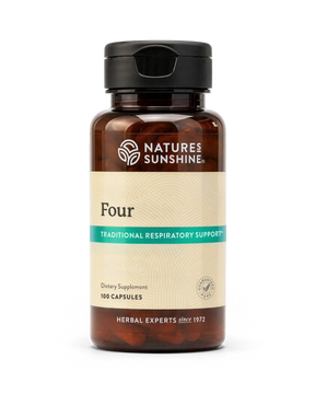 A bottle of Nature's Sunshine 'Four' dietary supplement containing 100 capsules, on a clean white background.