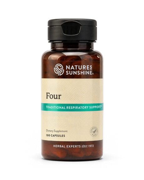 A bottle of Nature's Sunshine 'Four' dietary supplement containing 100 capsules, on a clean white background.