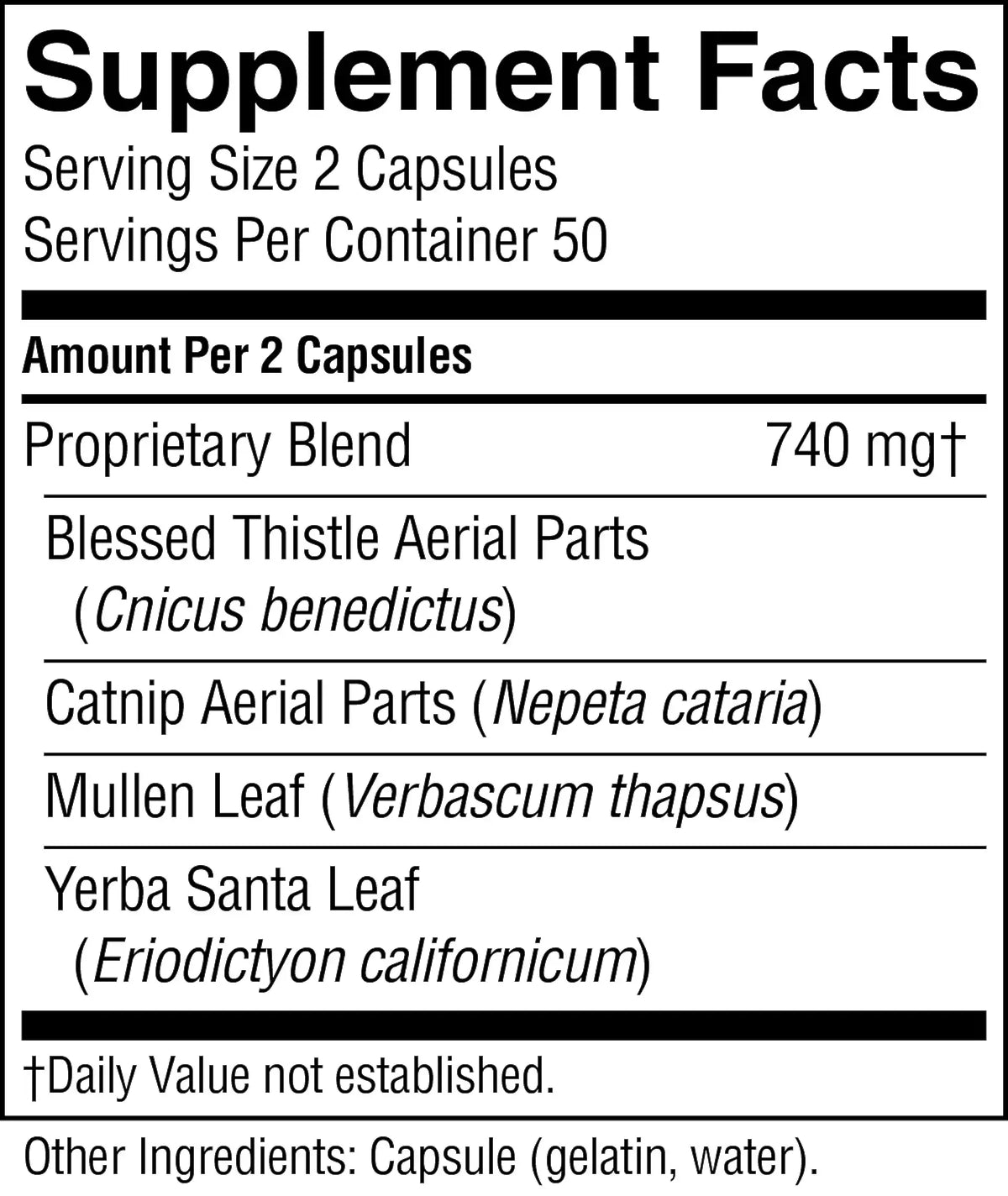 A Supplement Facts label showing a proprietary blend of 740 mg, with listed ingredients including Blessed Thistle Aerial Parts, Catnip Aerial Parts, Mullen Leaf, and Yerba Santa Leaf.